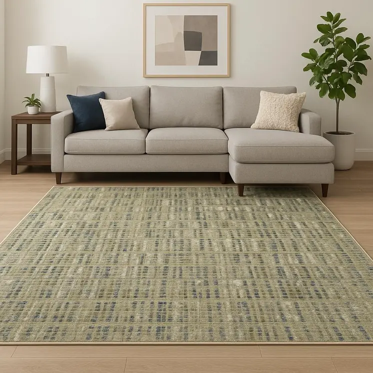 7' X 9' Green And Ivory Abstract Shag Area Rug