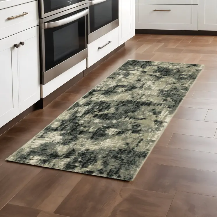 2' X 8' Grey Beige Charcoal And Blue Abstract Power Loom Stain Resistant Runner Rug