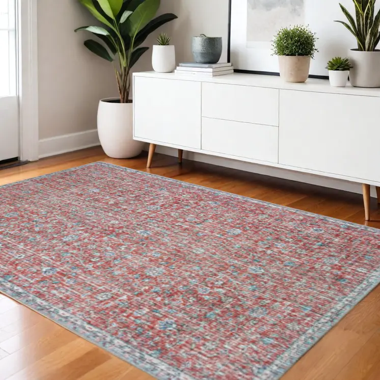 4' X 6' Red And Blue Oriental Power Loom Stain Resistant Area Rug