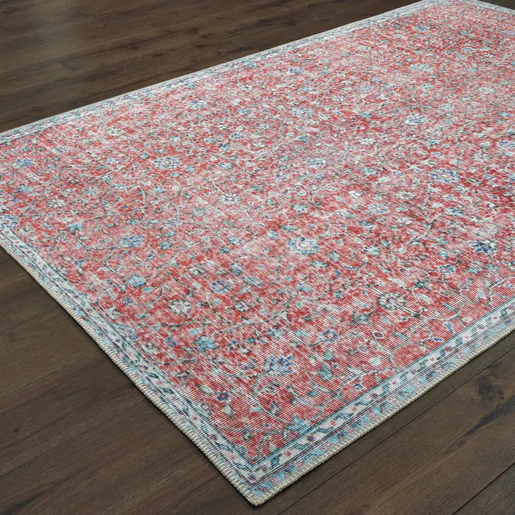 8' X 11' Red And Blue Oriental Power Loom Stain Resistant Area Rug