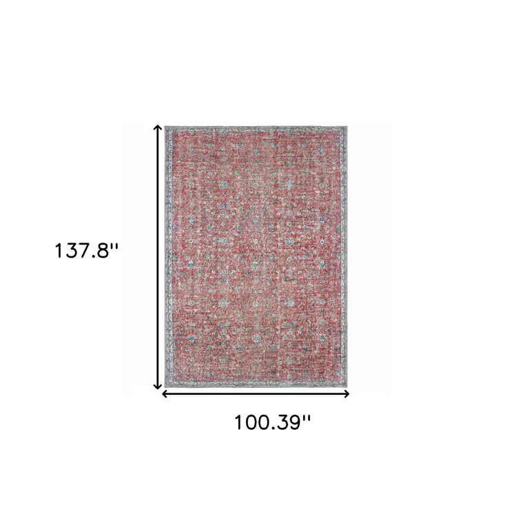 8' X 11' Red And Blue Oriental Power Loom Stain Resistant Area Rug