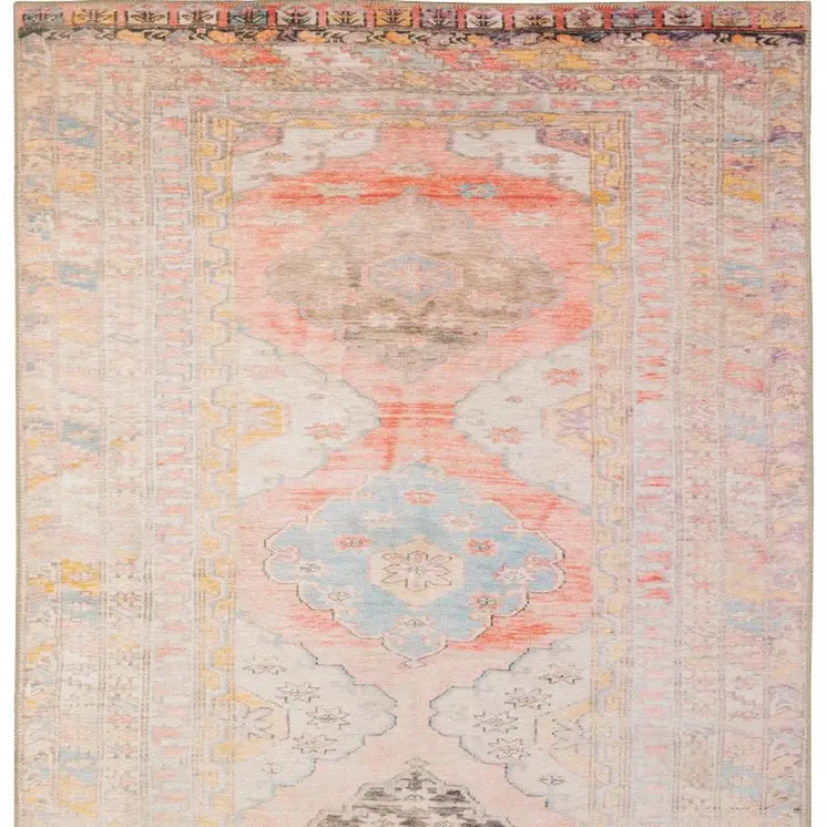 4' X 6' Pink And Blue Oriental Power Loom Stain Resistant Area Rug