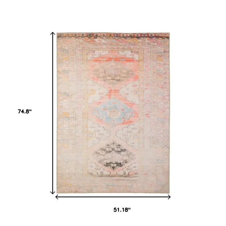 4' X 6' Pink And Blue Oriental Power Loom Stain Resistant Area Rug