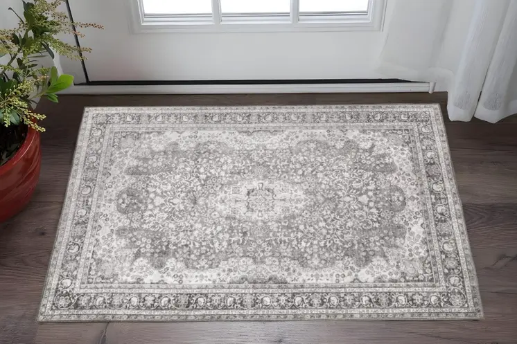 2' X 3' Grey Oriental Power Loom Stain Resistant Area Rug