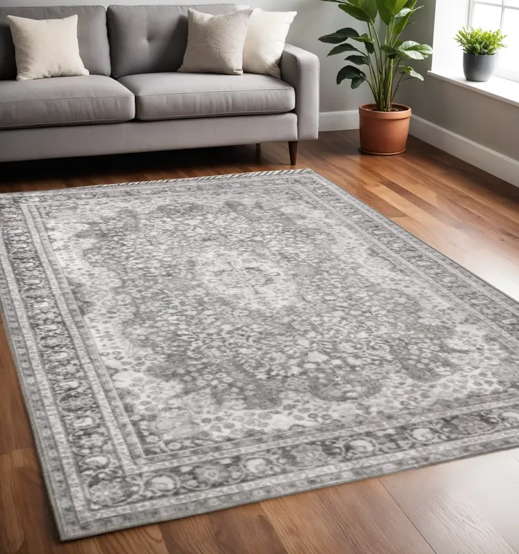 5' X 8' Grey Oriental Power Loom Stain Resistant Area Rug