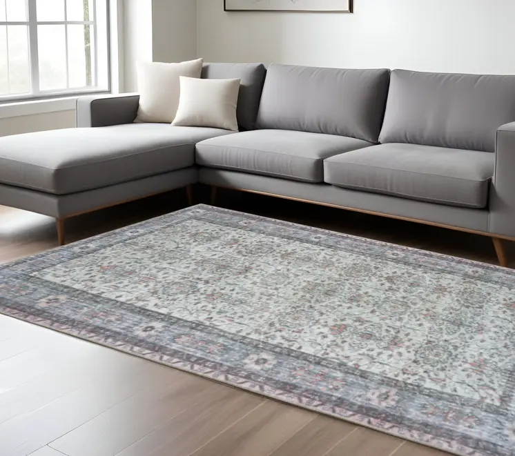 8' X 11' Ivory And Blue Oriental Power Loom Stain Resistant Area Rug