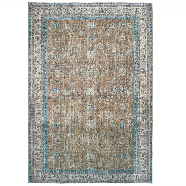 5' X 8' Gold And Grey Oriental Power Loom Stain Resistant Area Rug