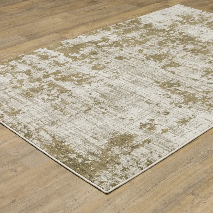 10' X 13' Beige And Gold Abstract Distressed Area Rug