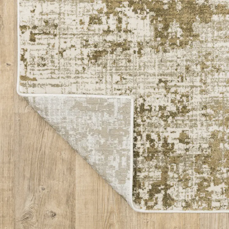 10' X 13' Beige And Gold Abstract Distressed Area Rug