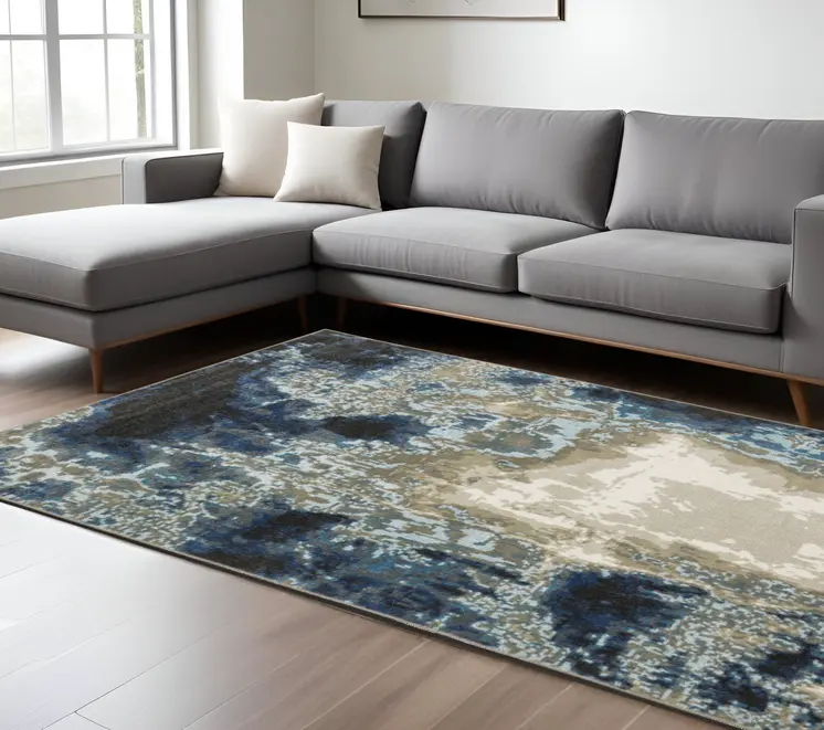 7' X 9' Blue And Beige Abstract Area Rug