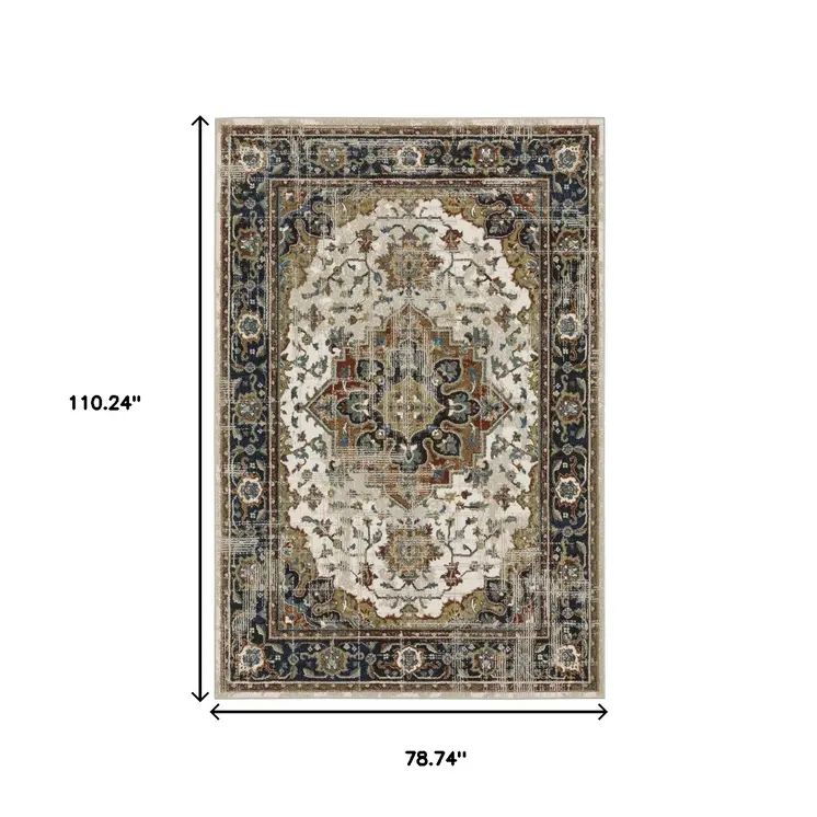 7' X 9' Beige And Blue Oriental Distressed Area Rug