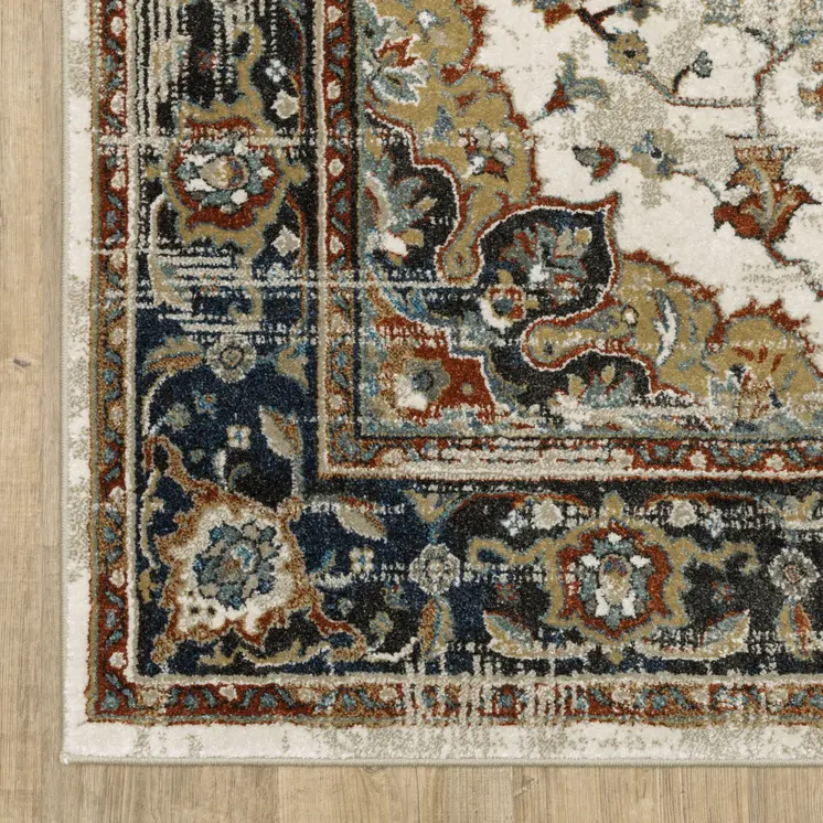 7' X 9' Beige And Blue Oriental Distressed Area Rug