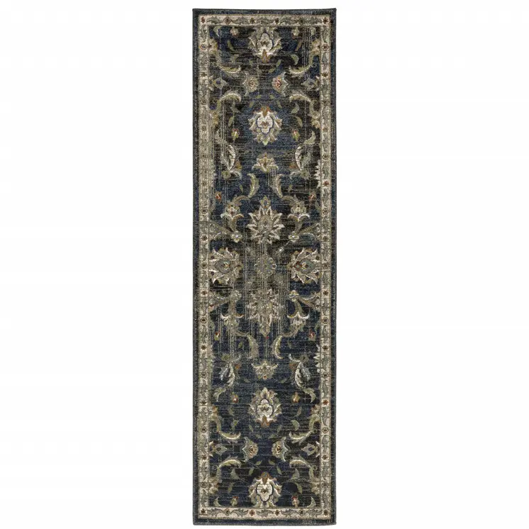 2' X 8' Charcoal Blue Gold Rust And Beige Oriental Power Loom Stain Resistant Runner Rug
