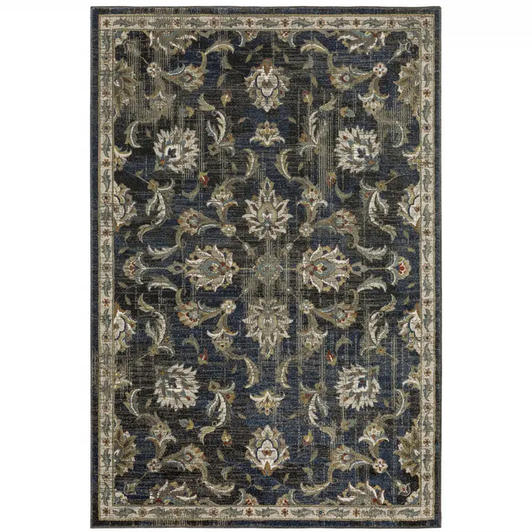 5' X 7' Charcoal Blue Gold Rust And Beige Oriental Power Loom Stain Resistant Area Rug