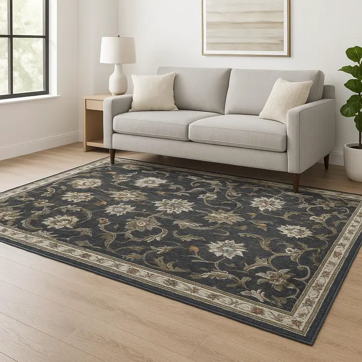 5' X 7' Charcoal Blue Gold Rust And Beige Oriental Power Loom Stain Resistant Area Rug