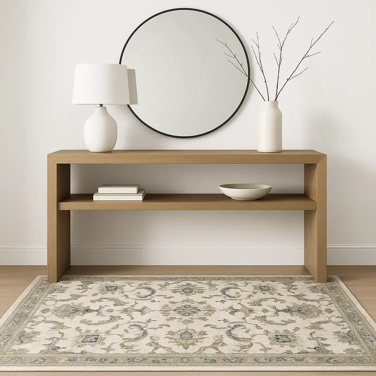 4' X 6' Beige Gold Blue And Grey Oriental Power Loom Stain Resistant Area Rug