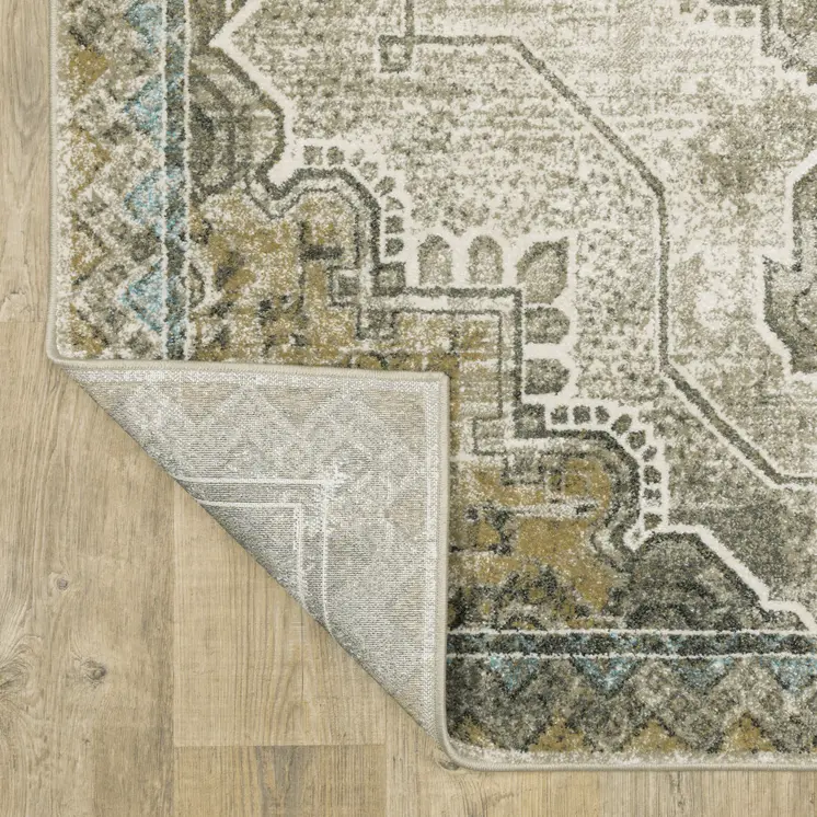 2' X 8' Grey Blue Beige And Gold Oriental Power Loom Stain Resistant Runner Rug