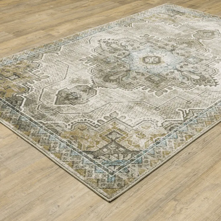 4' X 6' Grey Blue Beige And Gold Oriental Power Loom Stain Resistant Area Rug