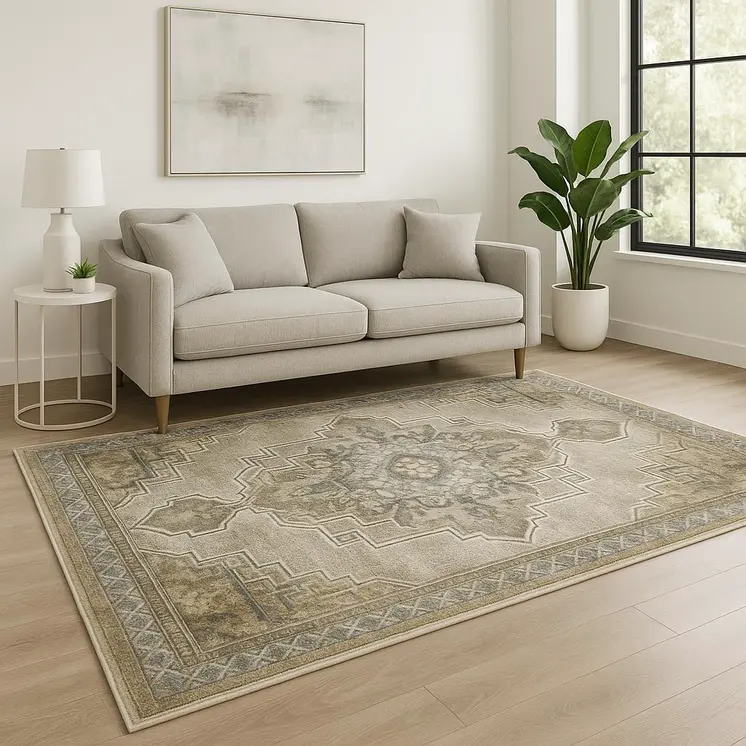 10' X 13' Grey Blue Beige And Gold Oriental Power Loom Stain Resistant Area Rug
