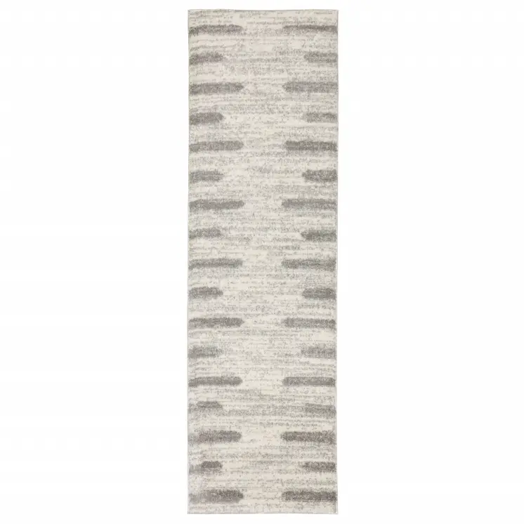 2' X 8' Ivory And Grey Geometric Shag Power Loom Stain Resistant Runner Rug
