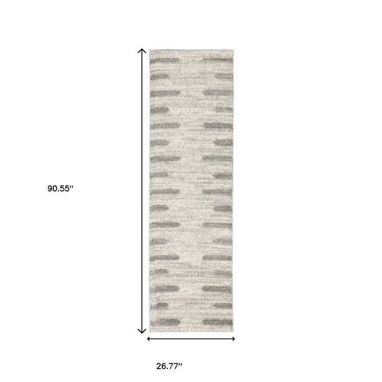 2' X 8' Ivory And Grey Geometric Shag Power Loom Stain Resistant Runner Rug
