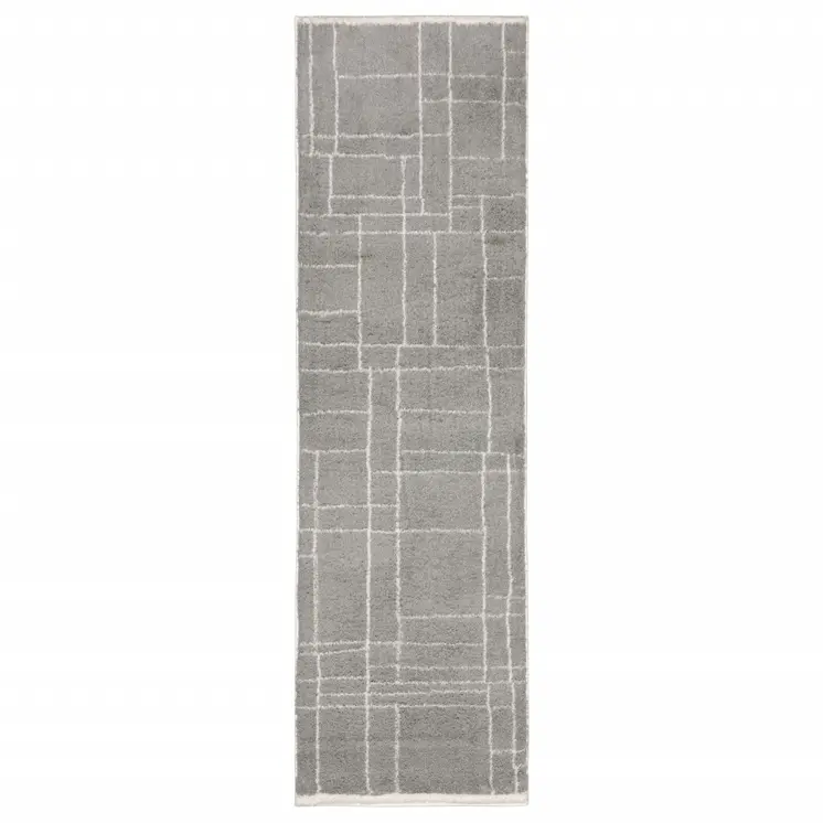 2' X 8' Grey And Ivory Geometric Shag Power Loom Stain Resistant Runner Rug