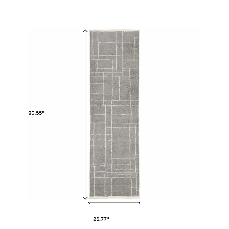 2' X 8' Grey And Ivory Geometric Shag Power Loom Stain Resistant Runner Rug