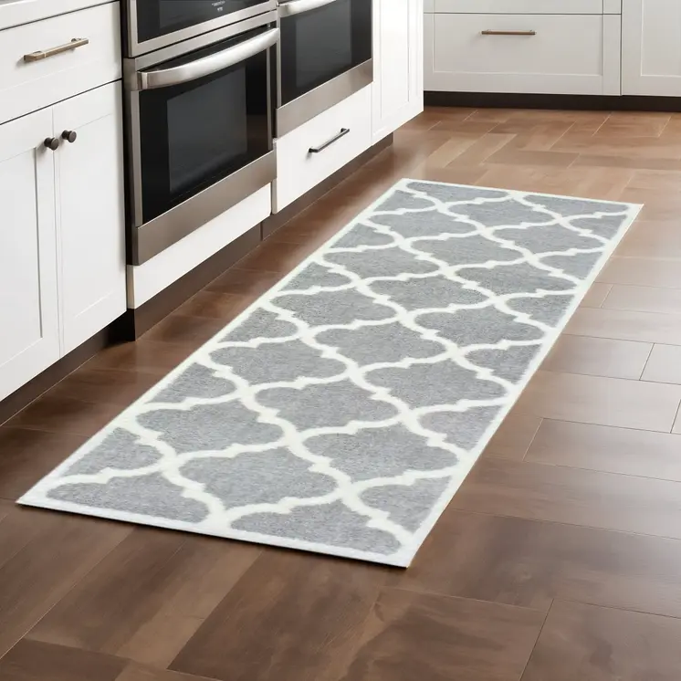 2' X 8' Grey And Ivory Geometric Shag Power Loom Stain Resistant Runner Rug