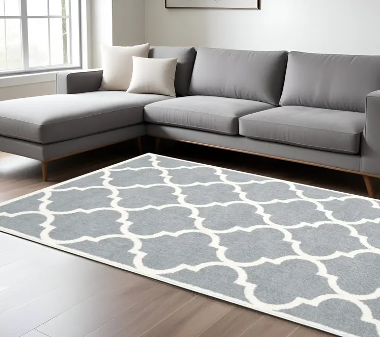 7' X 10' Gray And Ivory Geometric Shag Area Rug