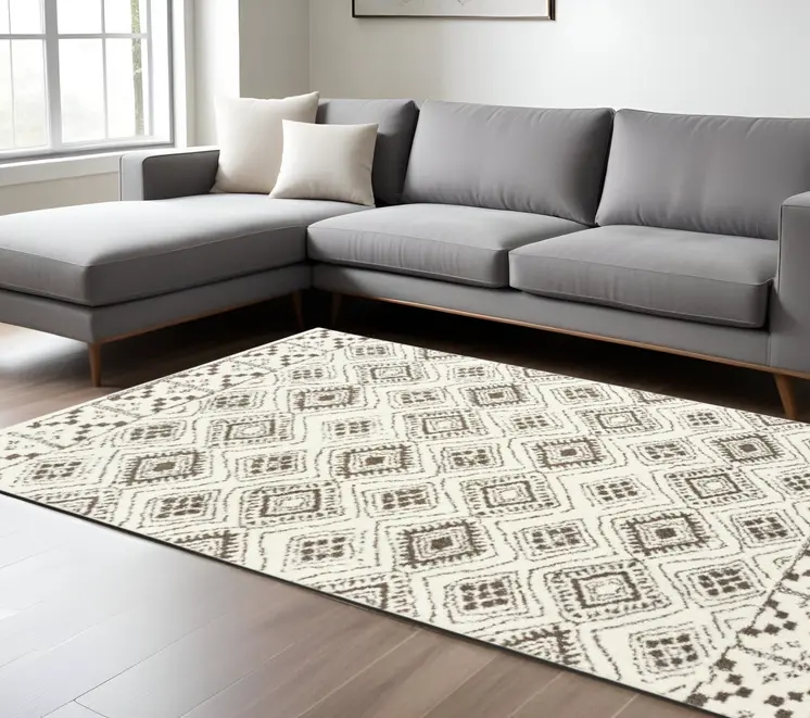 7' X 10' Ivory And Brown Geometric Shag Area Rug