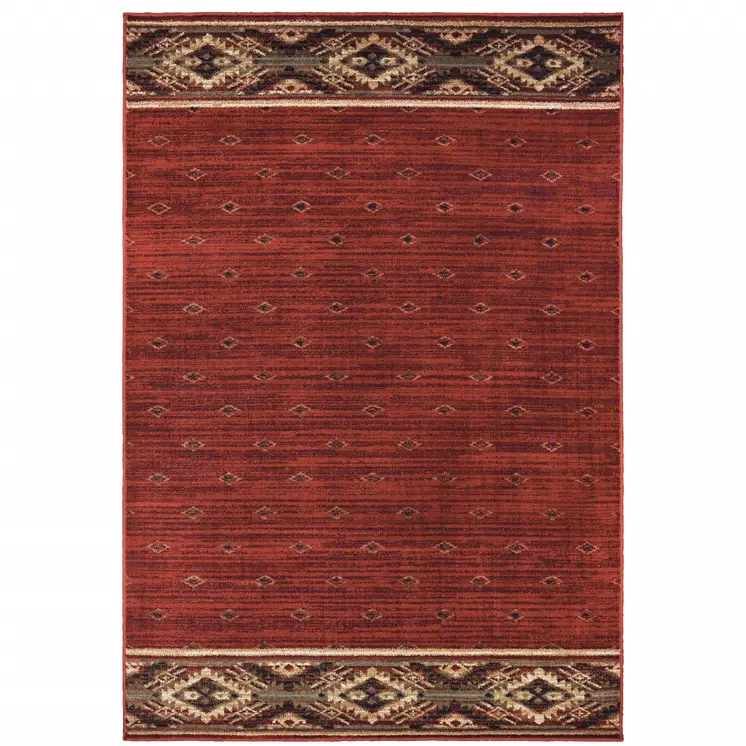 7' X 9' Red And Ivory Southwestern Area Rug