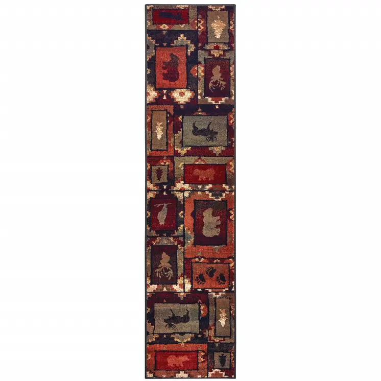 2' X 8' Brown Rust Berry Sage Green Gold And Ivory Southwestern Power Loom Stain Resistant Runner Rug