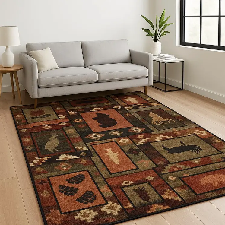 5' X 7' Brown Rust Berry Sage Green Gold And Ivory Southwestern Power Loom Stain Resistant Area Rug