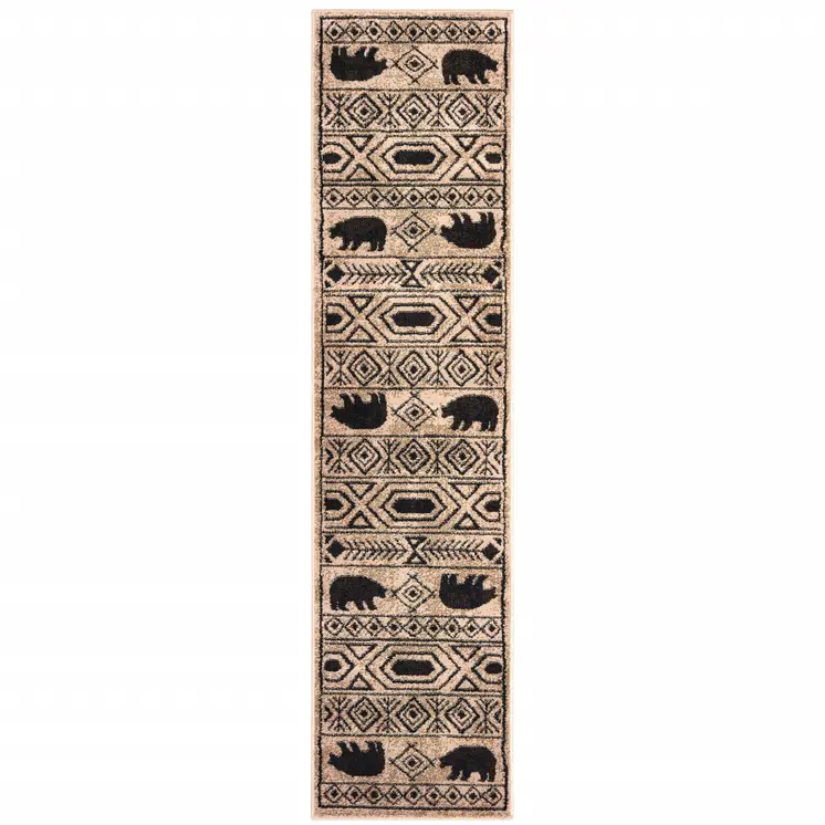 2' X 8' Ivory And Black Southwestern Power Loom Stain Resistant Runner Rug