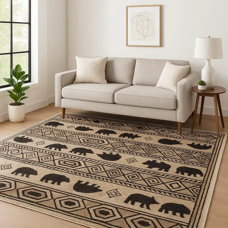 5' X 7' Ivory And Black Southwestern Power Loom Stain Resistant Area Rug