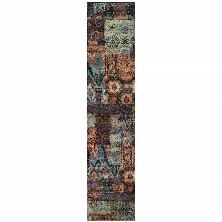12' Blue And Red Ikat Runner Rug