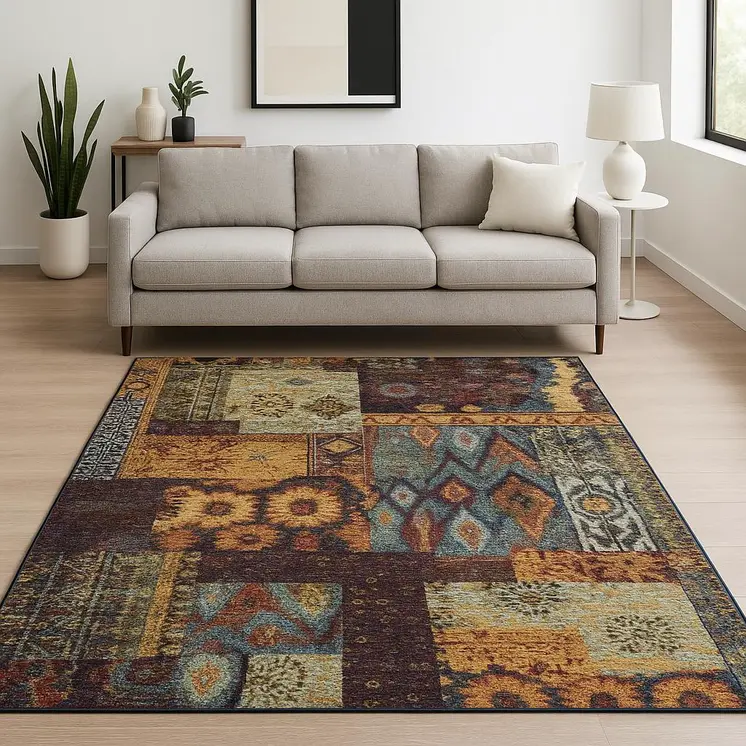 9' X 12' Blue and Gold Abstract Power Loom Area Rug