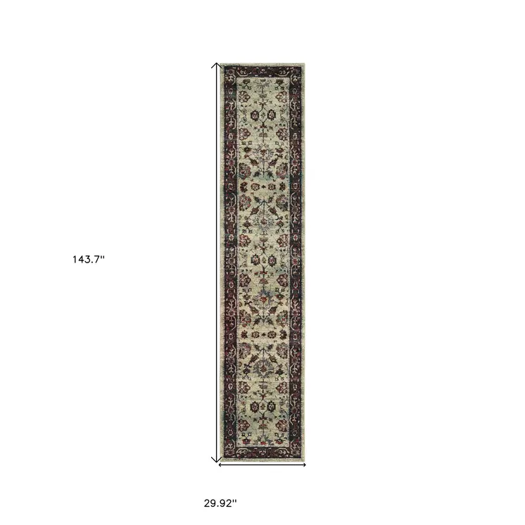 12' Stone And Red Oriental Runner Rug