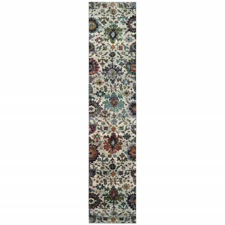 12' Stone Purple And Green Oriental Runner Rug