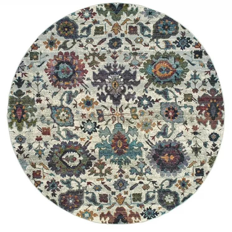 8' Purple and Gray Round Oriental Power Loom Area Rug