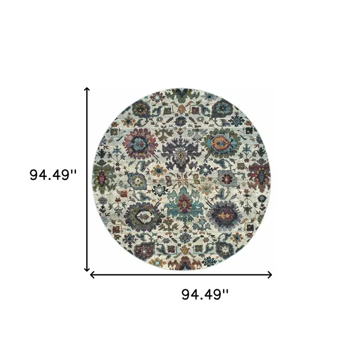 8' Purple and Gray Round Oriental Power Loom Area Rug
