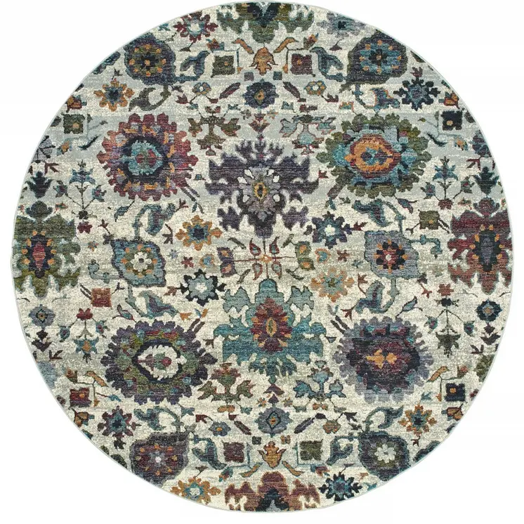 8' Purple and Gray Round Oriental Power Loom Area Rug