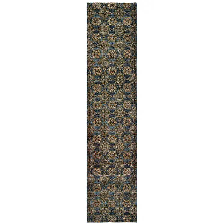 12' Blue And Gold Oriental Runner Rug