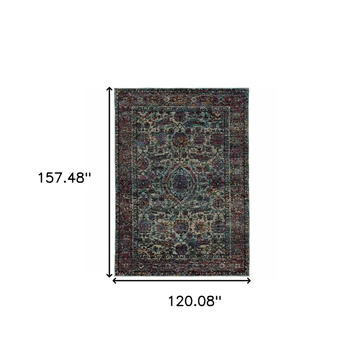 10' X 13' Blue Green Oriental Power Loom Area Rug