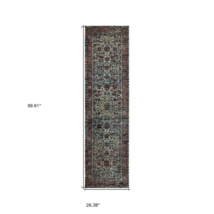 8' Blue And Purple Oriental Runner Rug