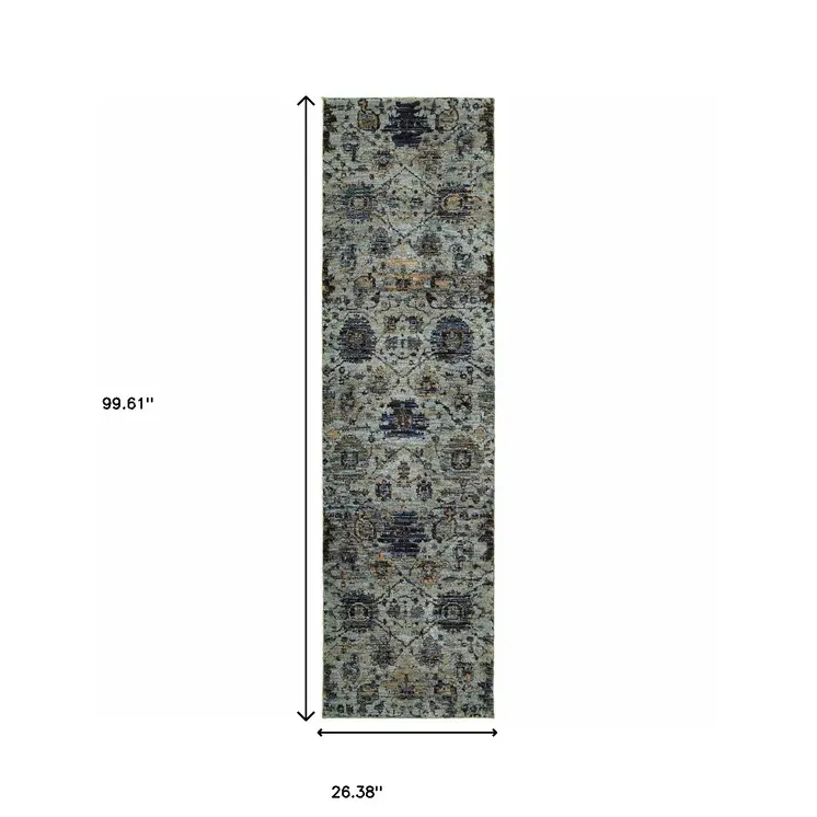 8' Blue And Green Oriental Runner Rug