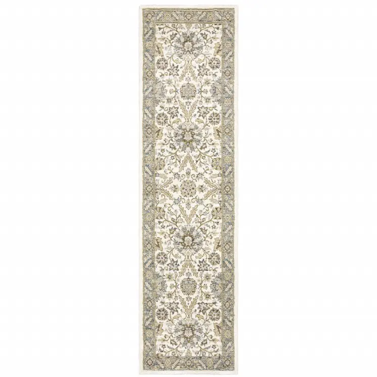 8' Gray And Ivory Oriental Runner Rug