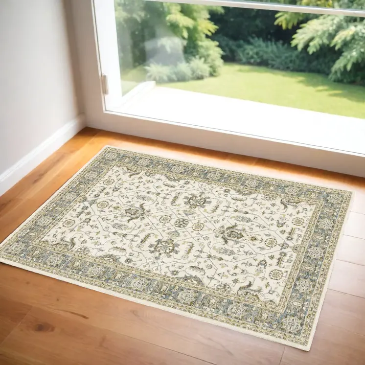 2' X 3' Ivory And Blue Oriental Area Rug