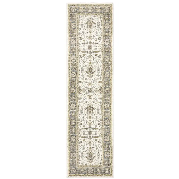 8' Ivory And Blue Oriental Runner Rug