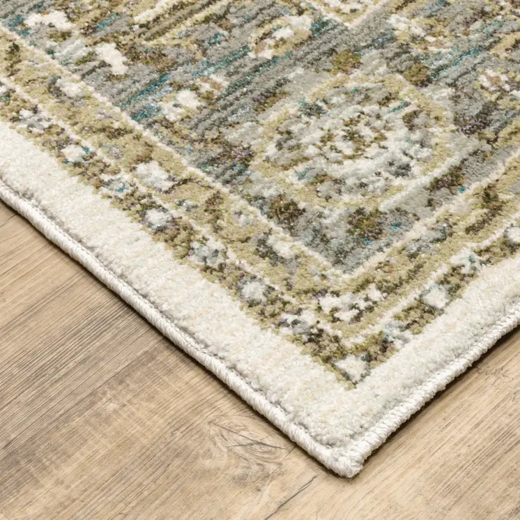 12' Ivory Gray And Blue Oriental Runner Rug